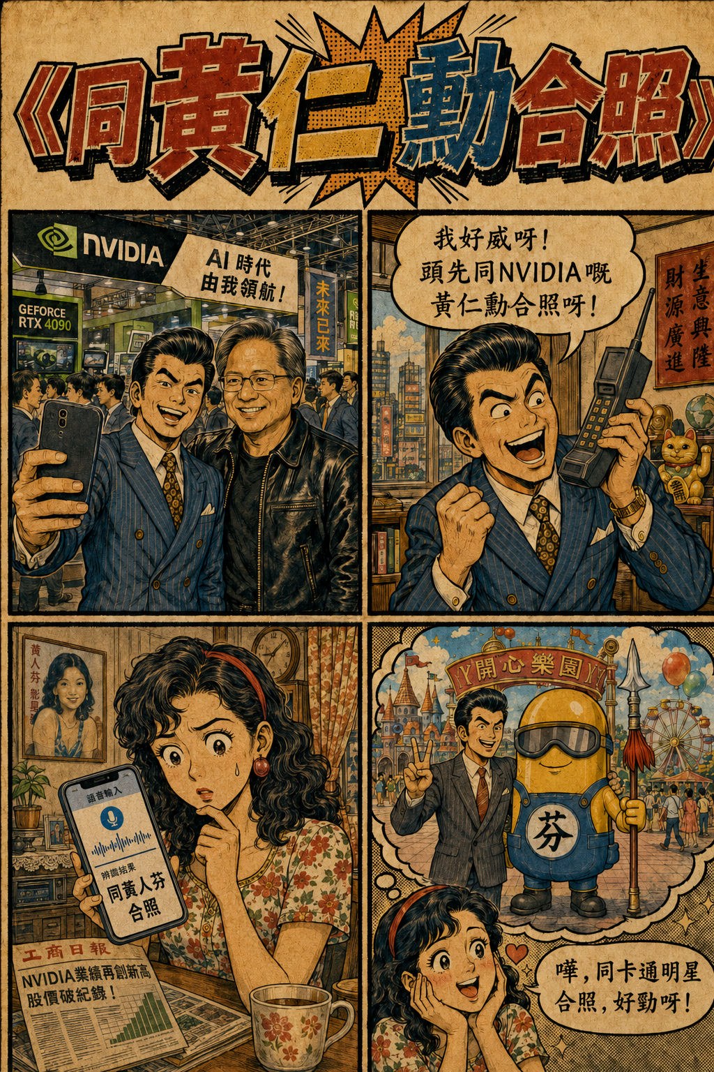 四格漫畫《同黃仁勳合照》：生意人話同黃仁勳合照，語音輸入寫成「同黃人芬合照」，女朋友以為佢同卡通小黃人合照